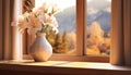 Bouquet of pink flowers in a white vase on a wooden table by the window. Royalty Free Stock Photo