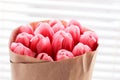 Bouquet of pink fresh tulips. Greeting card. Modern photo