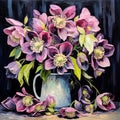 Bouquet of pink hellebore flowers in a vase on a dark background. Printable painting. Generative AI Royalty Free Stock Photo