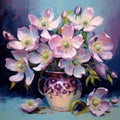 Bouquet of pink lenten rose flowers in a vase on a dark background. Printable painting. Generative AI Royalty Free Stock Photo