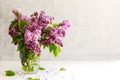 Bouquet of pink lilac in a in a transparent glass vase or can on a light background. Spring concept Royalty Free Stock Photo