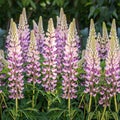 Bouquet of pink lupine flowers is on a green leaves background. Seamless bordure Royalty Free Stock Photo
