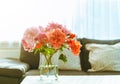 A bouquet of pink and orange roses bullying bloom on a table in the living room under the morning sunlight through the window. Hom Royalty Free Stock Photo