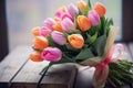 A bouquet of pink and orange tulips wrapped in paper.