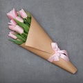 Bouquet of pink pastel tulips top view