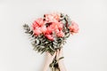 Bouquet of pink peonies. Artisan florist, floral shop, flowers delivery concept, greeting card idea