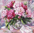 A bouquet of pink peonies in a glass vase on a table. Acrylic painting card for design and print. Flowers hand draw