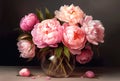 Bouquet of pink peonies in a vase on a dark background. Generative AI Royalty Free Stock Photo