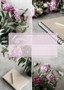 Bouquet of pink peony and notepad with pen. Collection of four images.