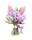 Bouquet of pink and purple hyacinths tied with pink ribbon. Royalty Free Stock Photo