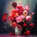 Bouquet of pink and red peony flowers in a vase on dark background, still life, oil painting, impasto. Generative AI Royalty Free Stock Photo