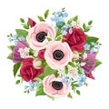 Bouquet of pink red purple and blue flowers. Vector illustration. Royalty Free Stock Photo