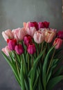 Bouquet of pink and red tulips, green leaves on a gray background. Flowering flowers, a symbol of spring, new life Royalty Free Stock Photo