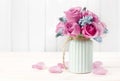 Bouquet of pink roses and blue muscari flower Grape Hyacinth Royalty Free Stock Photo