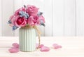 Bouquet of pink roses and blue muscari flower (Grape Hyacinth) Royalty Free Stock Photo