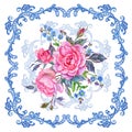 Bouquet of pink roses and forget-me-nots in a lace frame