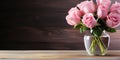 Bouquet of pink roses in a glass vase on a wooden background. Generative AI Royalty Free Stock Photo