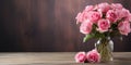 Bouquet of pink roses in a glass vase on a wooden background. Generative AI Royalty Free Stock Photo