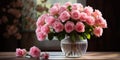 Bouquet of pink roses in a glass vase on a wooden background. Generative AI Royalty Free Stock Photo