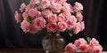Bouquet of pink roses in a glass vase on a wooden background. Generative AI Royalty Free Stock Photo