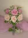 Bouquet of pink roses with lilies of the valley Royalty Free Stock Photo