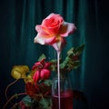 Bouquet of pink roses. Still life with colorful leaves and flowers.