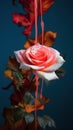 Bouquet of pink roses. Still life with colorful leaves and flowers.