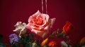 Bouquet of pink roses. Still life with colorful leaves and flowers.