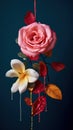 Bouquet of pink roses. Still life with colorful leaves and flowers.