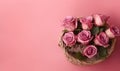 A bouquet of pink roses in a straw basket on a pastel background. Created by AI Royalty Free Stock Photo