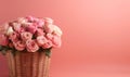 A bouquet of pink roses in a straw basket on a pastel background Created by AI Royalty Free Stock Photo