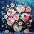 Bouquet of pink roses in a vase, still life, modern impressionism. Printable digital oil painting, impasto. Generative AI