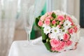 Bouquet of pink roses, wedding glass, vintage decor Royalty Free Stock Photo