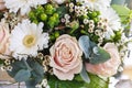 Bouquet of pink roses and white gerbera flowers Royalty Free Stock Photo