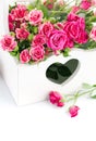 Bouquet pink roses in wooden basket Royalty Free Stock Photo