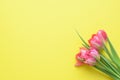 Bouquet of pink spring tulips and place for text for Mother`s Day or 8 March on a yellow background. Top view flat style