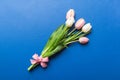 Bouquet of pink tulips on colored table background . Top view with copy space. Waiting for spring. Happy Easter card Royalty Free Stock Photo