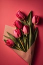 Bouquet of pink tulips in envelope on red background. Royalty Free Stock Photo