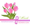 Bouquet of pink tulips and figure eight of the ribbon. Desing for March 8 International Women`s Day with flowers. Vector