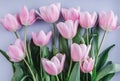 Bouquet of Pink tulips flowers over light blue background. Greeting card or wedding invitation Royalty Free Stock Photo