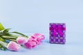 Bouquet of pink tulips with gift box on blue wooden background Royalty Free Stock Photo