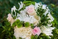 Bouquet pink, white roses and chrysanthemums, close up Royalty Free Stock Photo