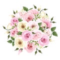 Bouquet of pink and white roses and lisianthus flowers. Vector illustration. Royalty Free Stock Photo