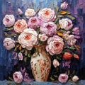 Bouquet of pink and white roses in a vase, modern impressionism. Printable digital oil painting, impasto. Generative AI