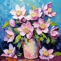 Bouquet of pink winter rose flowers in a vase, still life. Digital oil painting for print. Generative AI Royalty Free Stock Photo