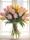 Bouquet of pink and yellow tulips in a vase on the windowsill. Royalty Free Stock Photo