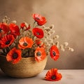 Bouquet of poppies in bascet