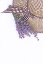 Bouquet of purple lavender and women`s summer straw hat isolated on white top view. Flat lay, copy space. Vacation and Royalty Free Stock Photo