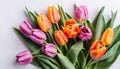 Bouquet purple and orange color of tulips flowers isolated on white solid background. Generative ai illustration