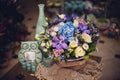 Bouquet with purple orchids, blue roses, Hydrangea flower Royalty Free Stock Photo